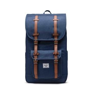 Herschel LittleAmerica Backpack Navy Blue Brown Leather and Red Interior LikeNew